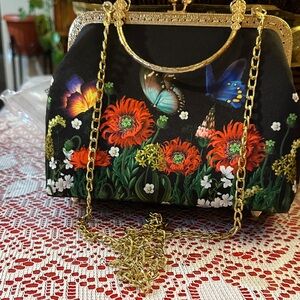 Floral Black and Gold Clutch with Chain